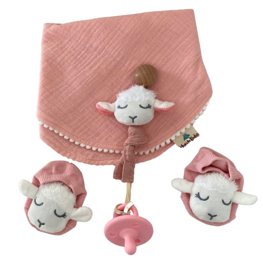 Regalo bebé conjunto oveja rosada. Babero de algodón porta