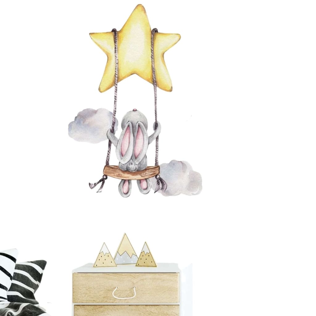 Vinilo decorativo infantil o calcomanía de pared conejito en columpio de estrella | Vinilos decorativos