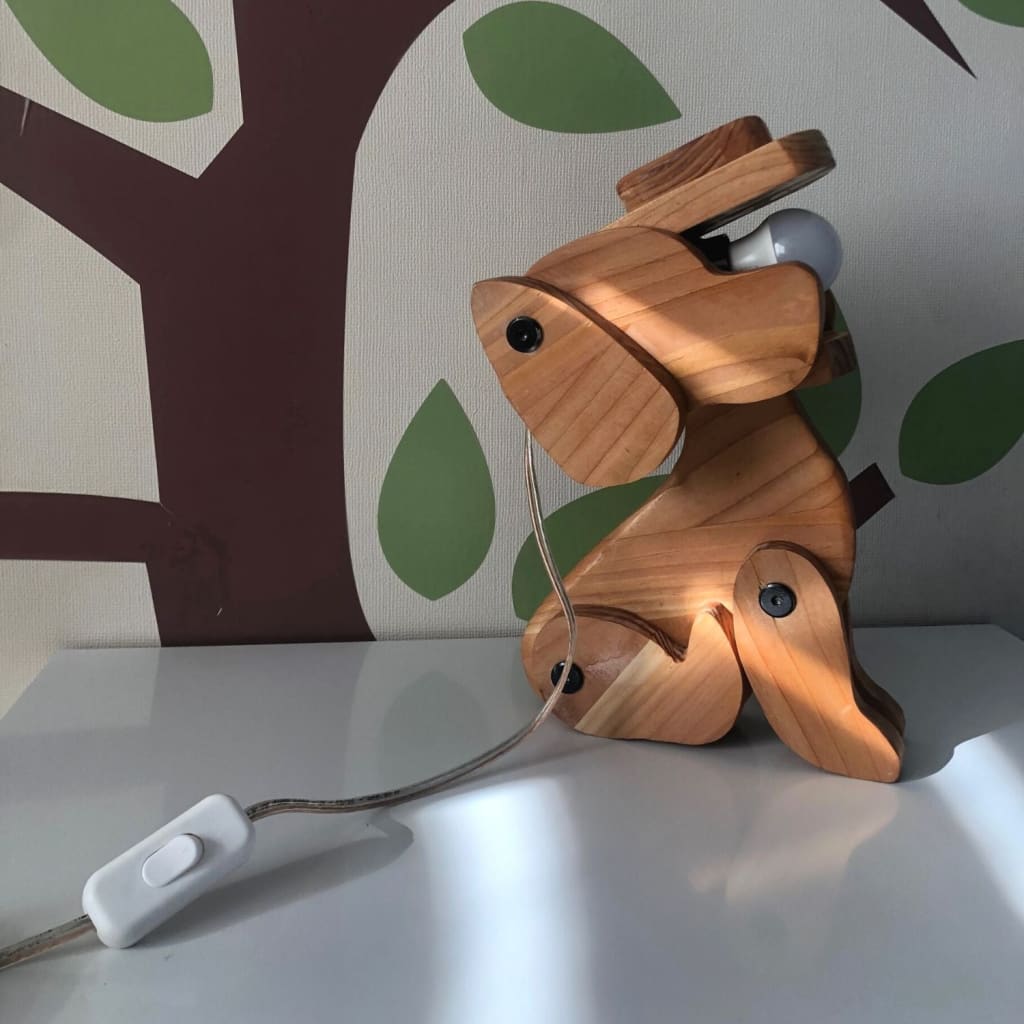 Lámpara de velador tallada a mano en madera forma de Perrito | dormitorio velador