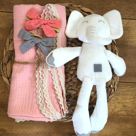 Set regalo bebé. Conjunto elefante felpa, muselina y diademas | Conjuntos de regalo para bebés