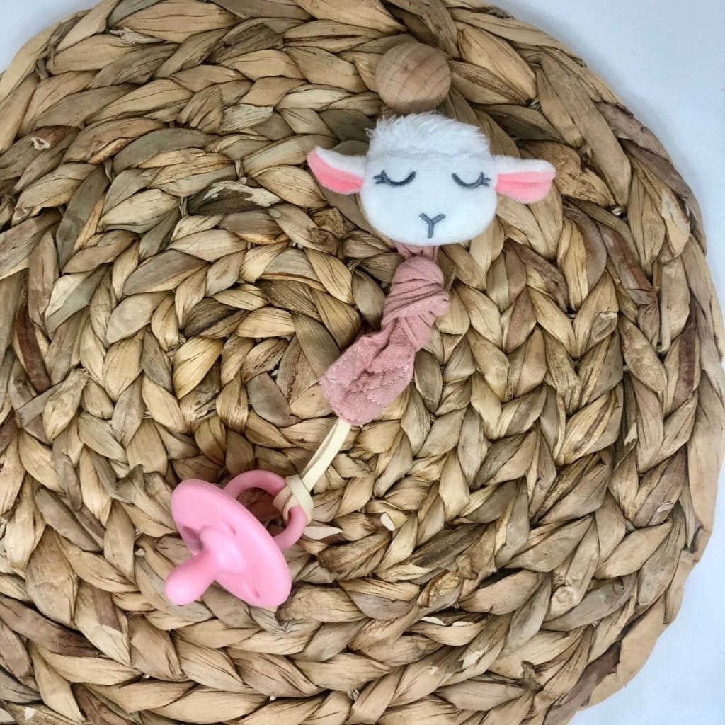 SET REGALO BEBÉ. Conjunto babero palo rosa mundo buba + porta chupete oveja + chupete rosa | Conjuntos de regalo para bebés