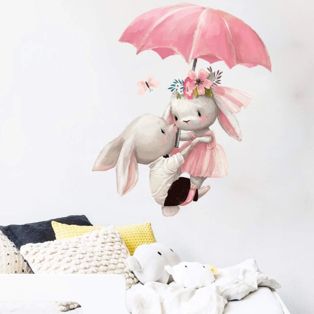Vinilo decorativo infantil o calcomanía de pared conejitos con paraguas | Vinilos decorativos